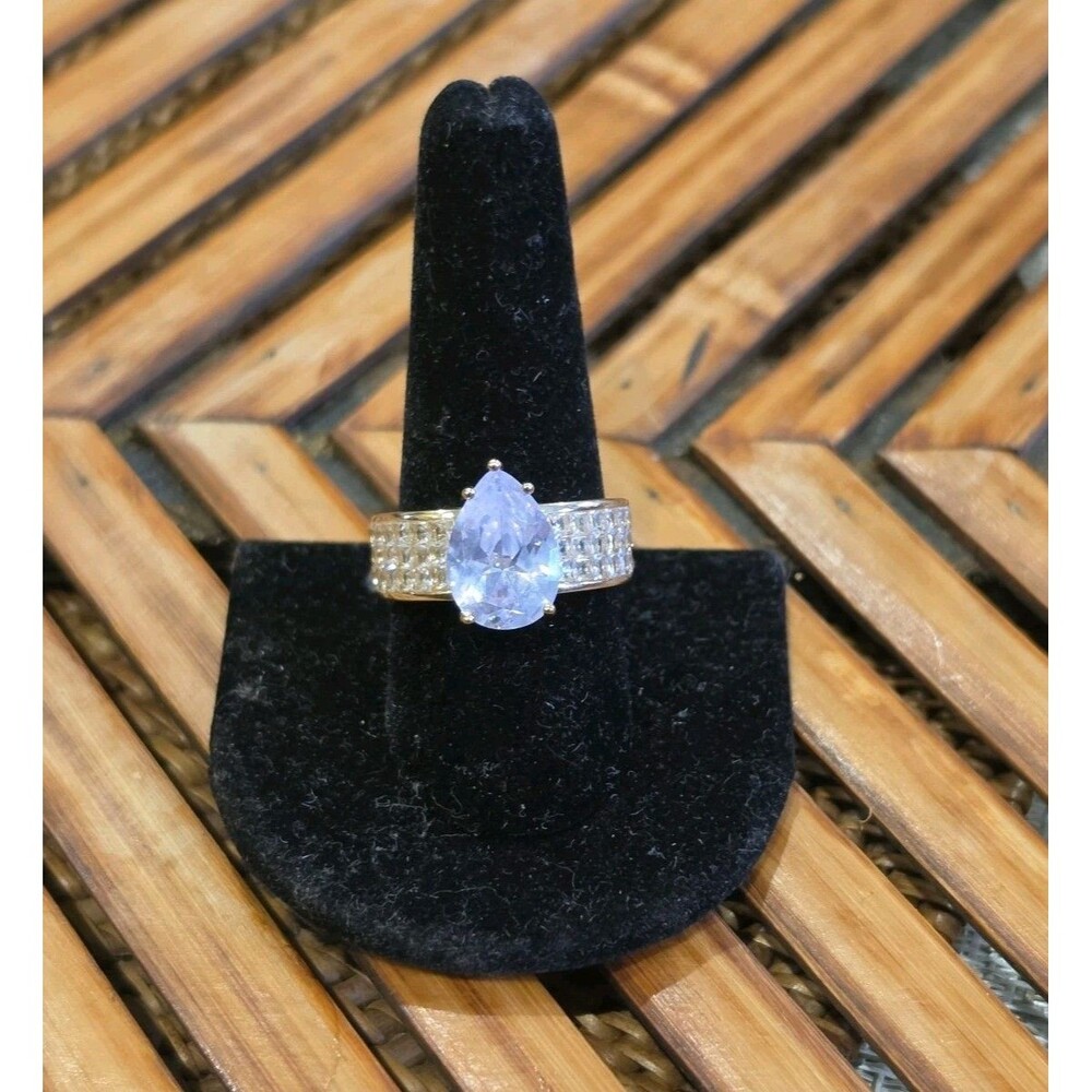 ​925 Sterling Gold Plated Lavender Purple CZ Pear Cut Wide Band Cocktail Size 10